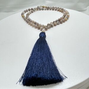 Love’s Affect, Gold, Gray Agate Beaded Long Necklace With Navy Blue Tassel